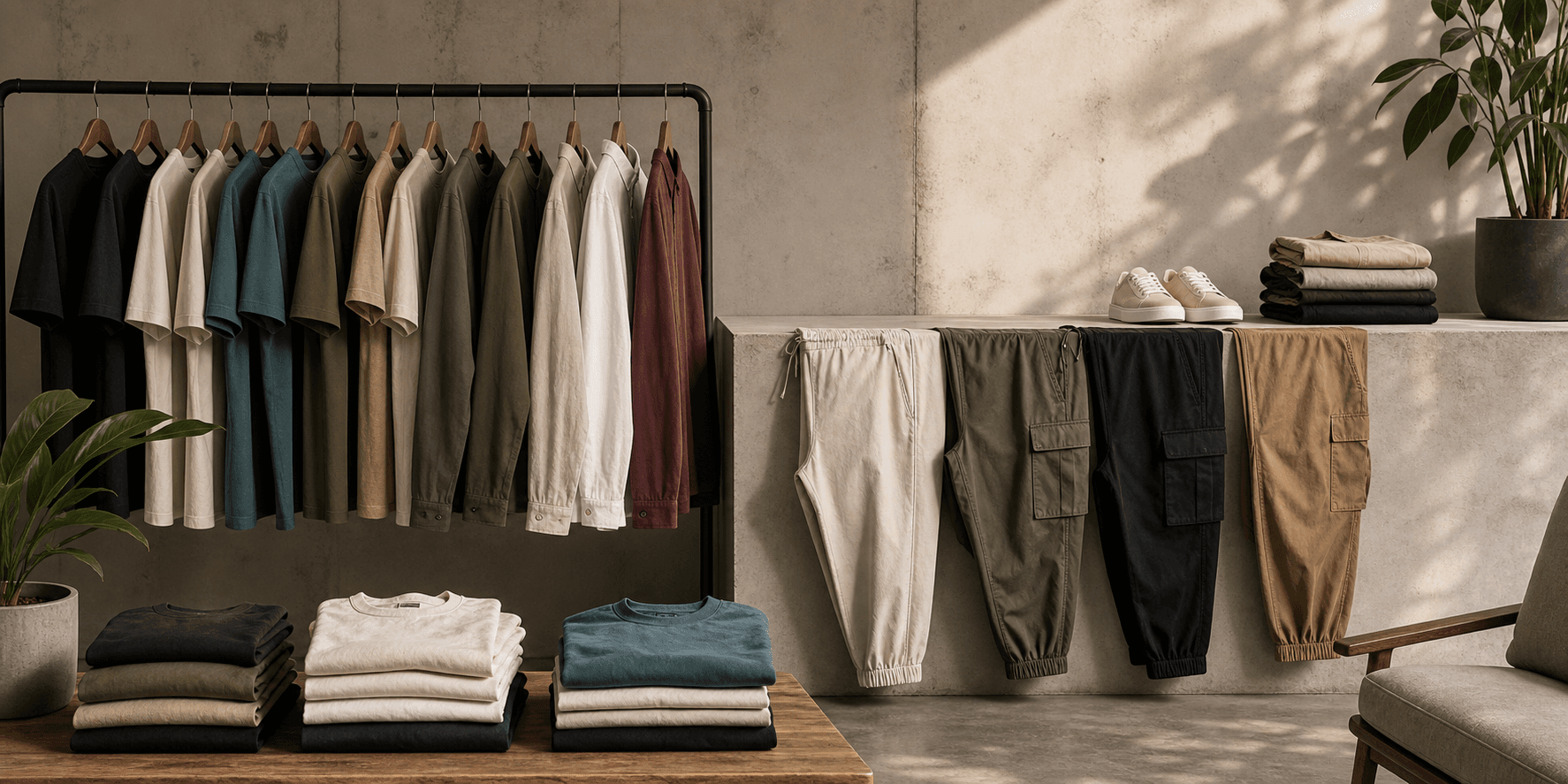 Men's everyday clothing collection in a modern studio